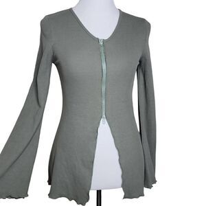 Solid V Neck Long Sleeve Zipper Split Front Knit Top Green Medium